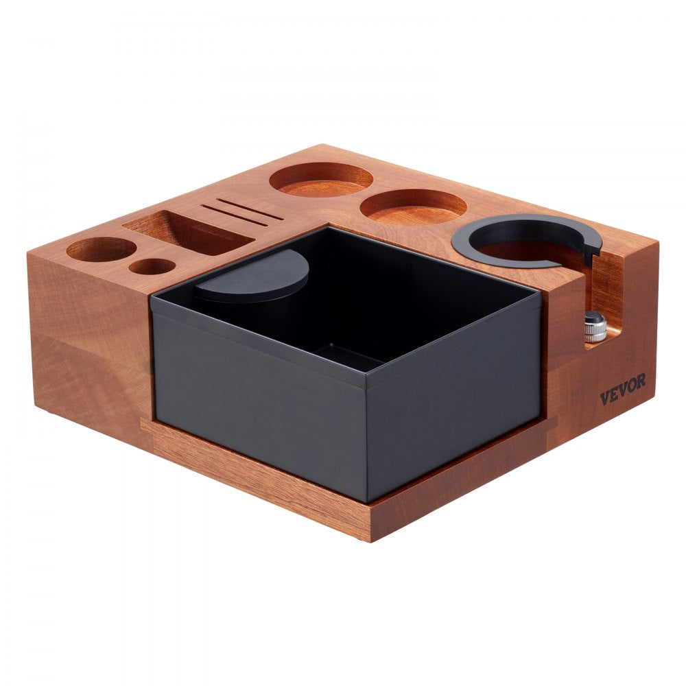 VEVOR Espresso Tamping Station, Sapele Wood, 9-in-1 Multifunctional Tamping Station with Detachable Slot, Easy to Clean Espresso Knock Box with Non-Slip Base, Fits for 51-58 mm Handles