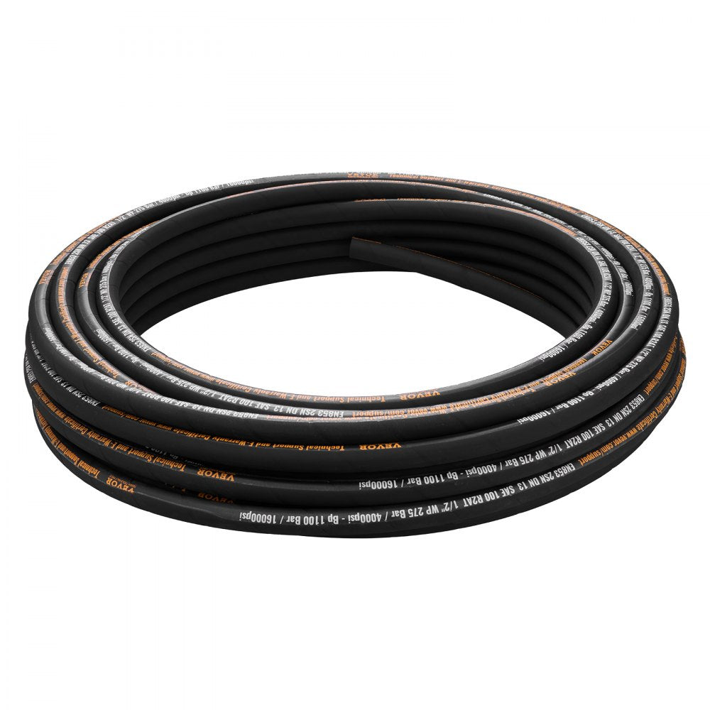 VEVOR Hydraulic Hose 1/2 inch x 100 ft, Coiled Hydraulic Hose 4000 PSI, Rubber Hydraulic Hose with 2 High-Tensile Steel Wire Braid, Bulk Hydraulic Hose -20℃ to 140℃, Hydraulic Oil Flexible Hose
