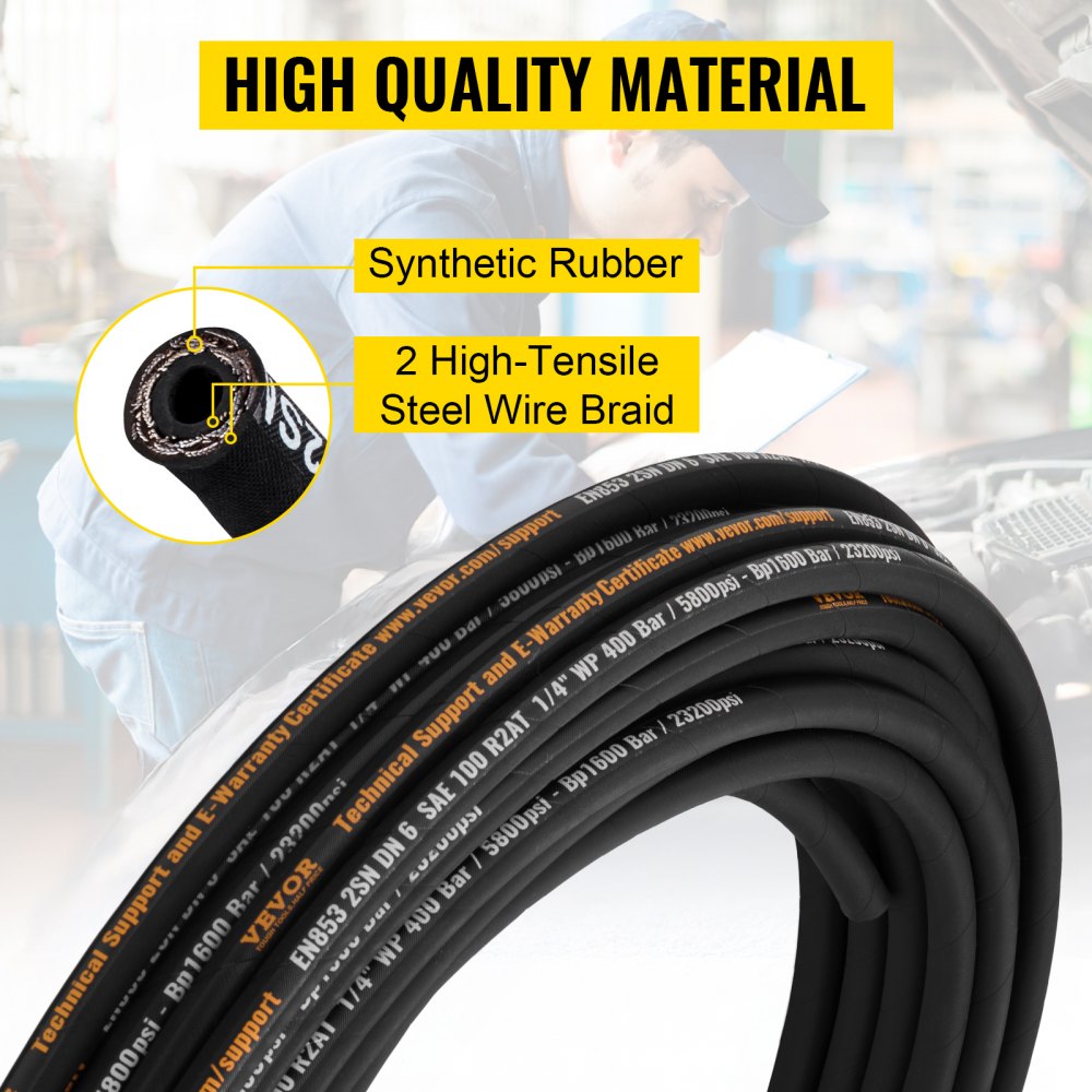 VEVOR Hydraulic Hose 1/4 inch x 100 ft, Coiled Hydraulic Hose 5800 PSI, Rubber Hydraulic Hose with 2 High-Tensile Steel Wire Braid, Bulk Hydraulic Hose -20℃ to 140℃, Hydraulic Oil Flexible Hose