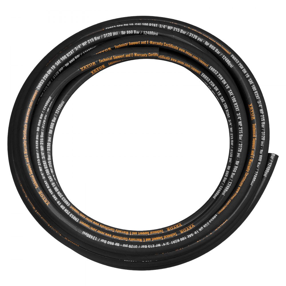 VEVOR Hydraulic Hose 3/4 inch x 50 ft, Coiled Hydraulic Hose 3120 PSI, Rubber Hydraulic Hose with 2 High-Tensile Steel Wire Braid, Bulk Hydraulic Hose -20℃ to 140℃, Hydraulic Oil Flexible Hose