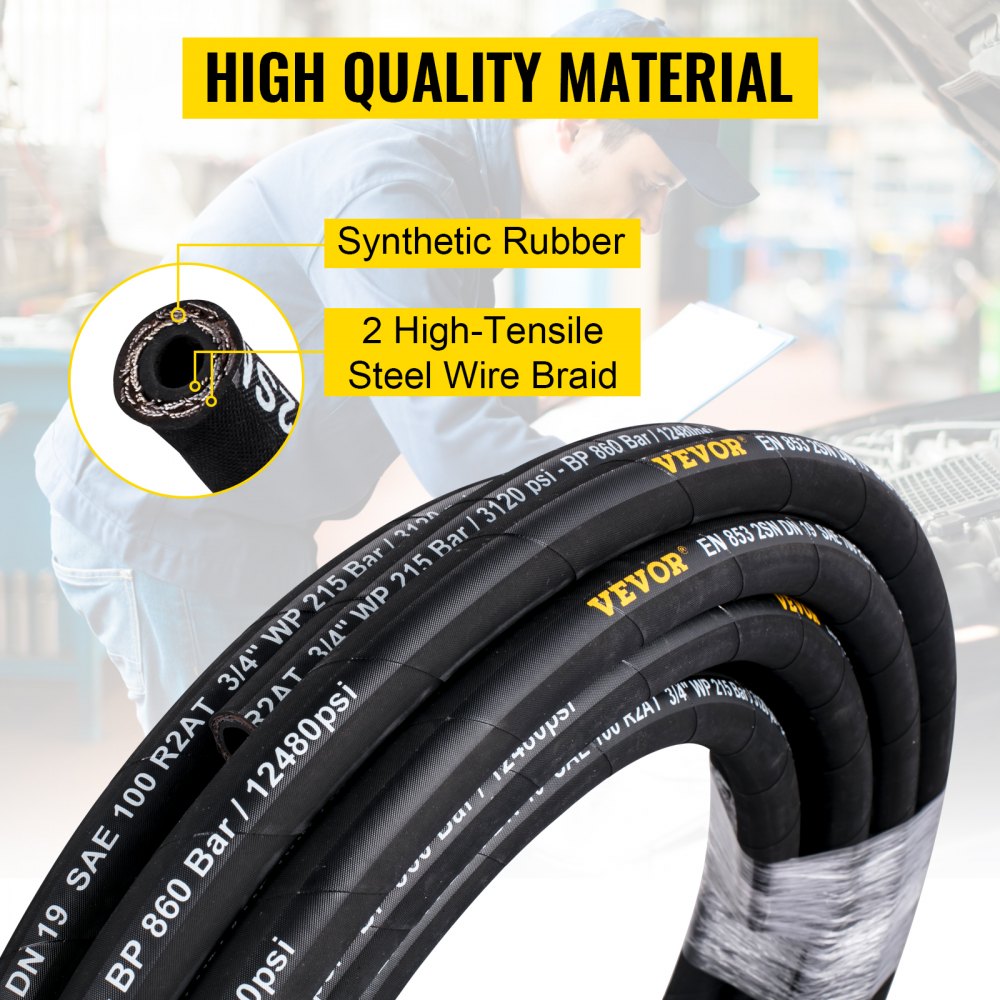 VEVOR Hydraulic Hose 3/8 inch x 50 ft, Coiled Hydraulic Hose 4800 PSI, Rubber Hydraulic Hose with 2 High-Tensile Steel Wire Braid, Bulk Hydraulic Hose -20℃ to 140℃, Hydraulic Oil Flexible Hose