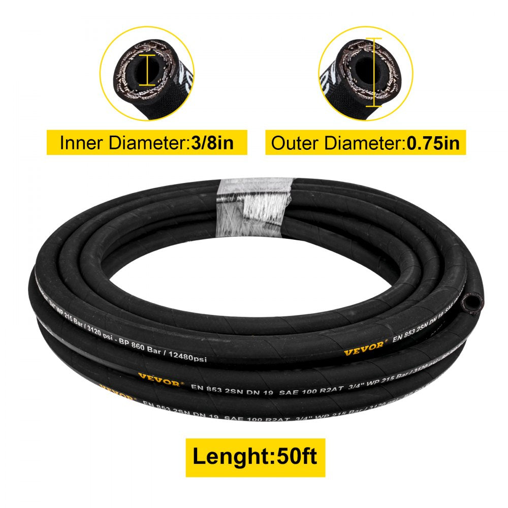 VEVOR Hydraulic Hose 3/8 inch x 50 ft, Coiled Hydraulic Hose 4800 PSI, Rubber Hydraulic Hose with 2 High-Tensile Steel Wire Braid, Bulk Hydraulic Hose -20℃ to 140℃, Hydraulic Oil Flexible Hose