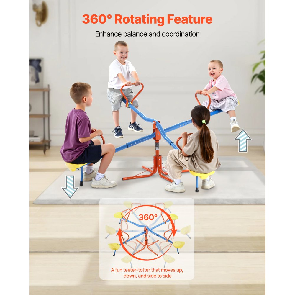 VEVOR Kids Seesaw, 110 lbs Load Capacity per Seat, Sit and Spin Teeter Totter with 4-prong Support Legs, Kids Outdoor Playground Equipment, Swiveling 360 Degrees Rotating for Children Aged 3+, 4 Seats