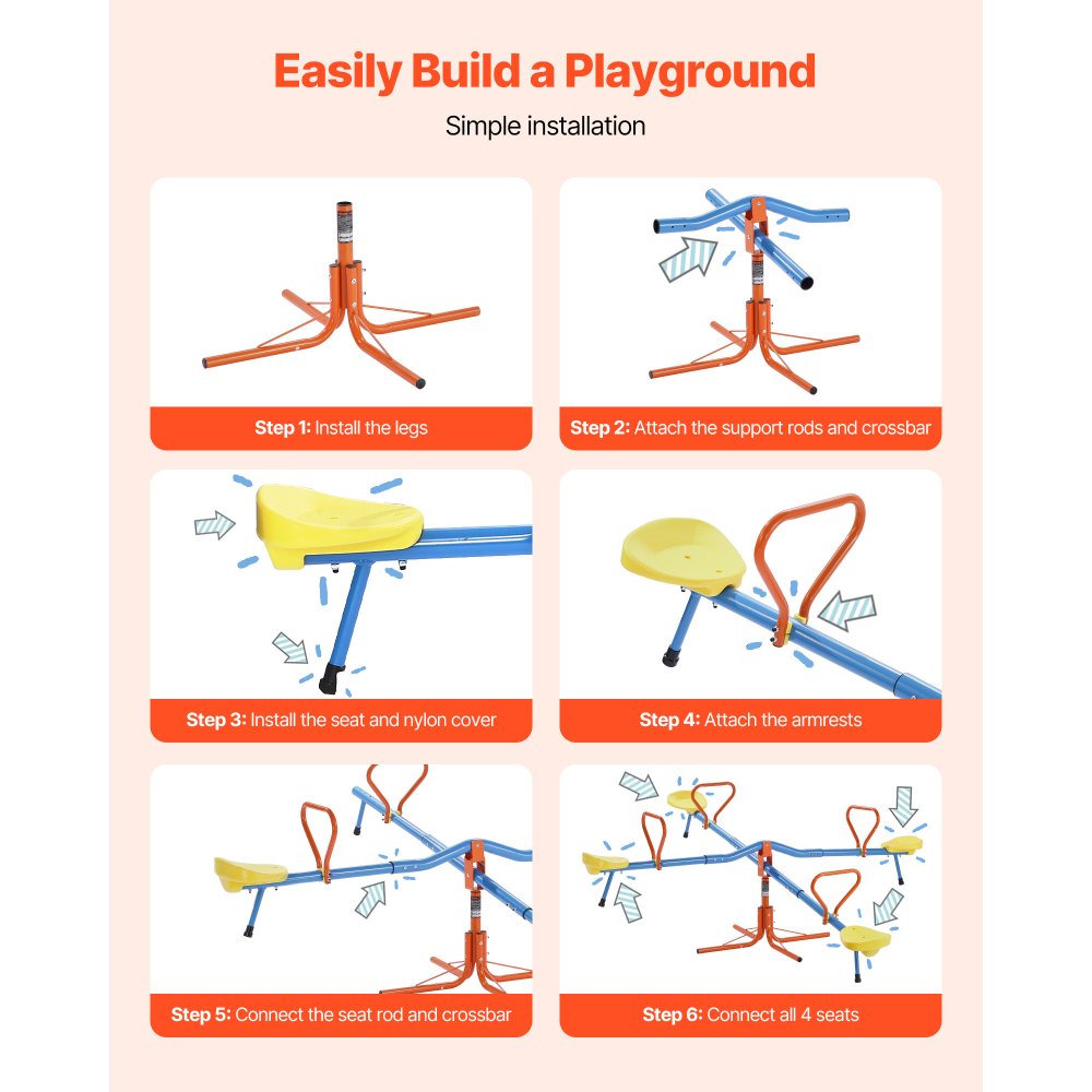 VEVOR Kids Seesaw, 110 lbs Load Capacity per Seat, Sit and Spin Teeter Totter with 4-prong Support Legs, Kids Outdoor Playground Equipment, Swiveling 360 Degrees Rotating for Children Aged 3+, 4 Seats
