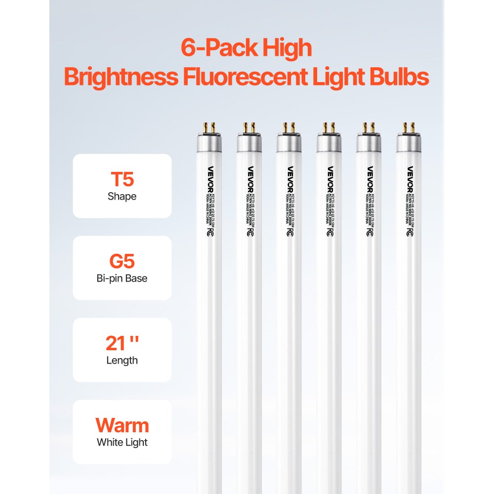 VEVOR 8 Pack T5 Fluorescent Light Bulbs, 21-Inch Linear, Fluorescent Tube Lamp with 3000K Warm White, 13 Watts, G5 Bi-Pin Base, 1100 Lumens, Replacement Bulb, for Under Cabinet Counter Fixture, Closet