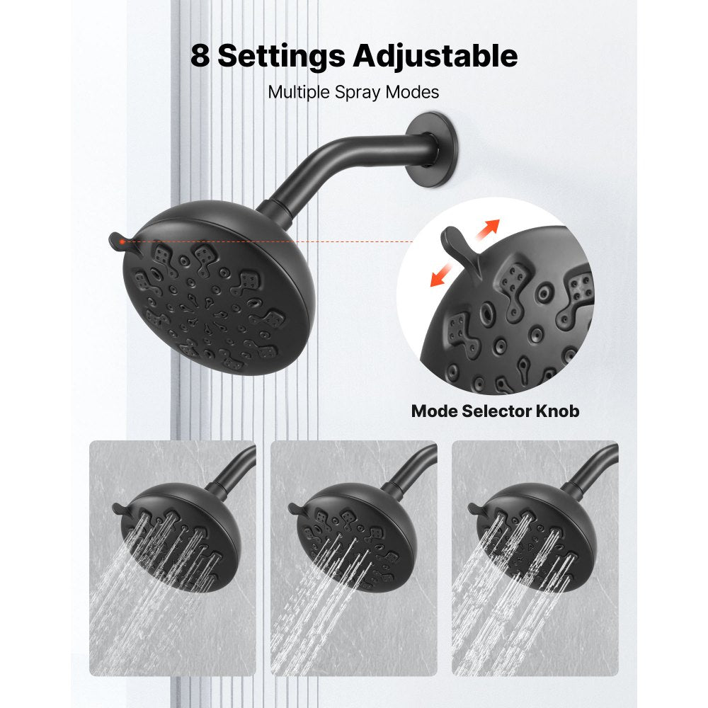 VEVOR Tub and Shower Faucet Set, 5-Inch Rainfall Shower Head and Bathtub Spout, Complete Single-Handle Tub Trim Kit with Brass Pressure Balancing Valve, 8-Setting Adjustable Spray Modes, Matte Black