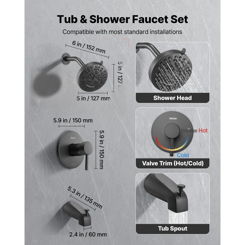 VEVOR Tub and Shower Faucet Set, Complete with 5-Inch Rainfall Shower Head and Bathtub Spout, 8-Setting Adjustable Spray, Single-Handle Tub Trim Kit with Brass Pressure Balancing Valve, Matte Black