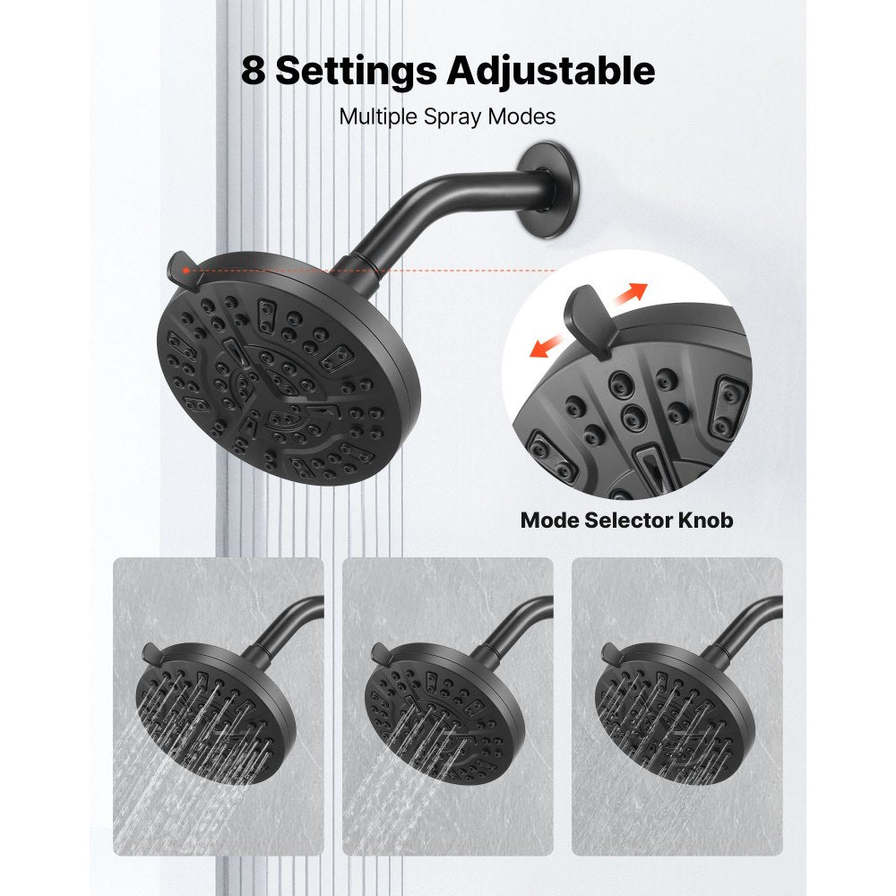 VEVOR Tub and Shower Faucet Set, Complete with 5-Inch Rainfall Shower Head and Bathtub Spout, 8-Setting Adjustable Spray, Single-Handle Tub Trim Kit with Brass Pressure Balancing Valve, Matte Black