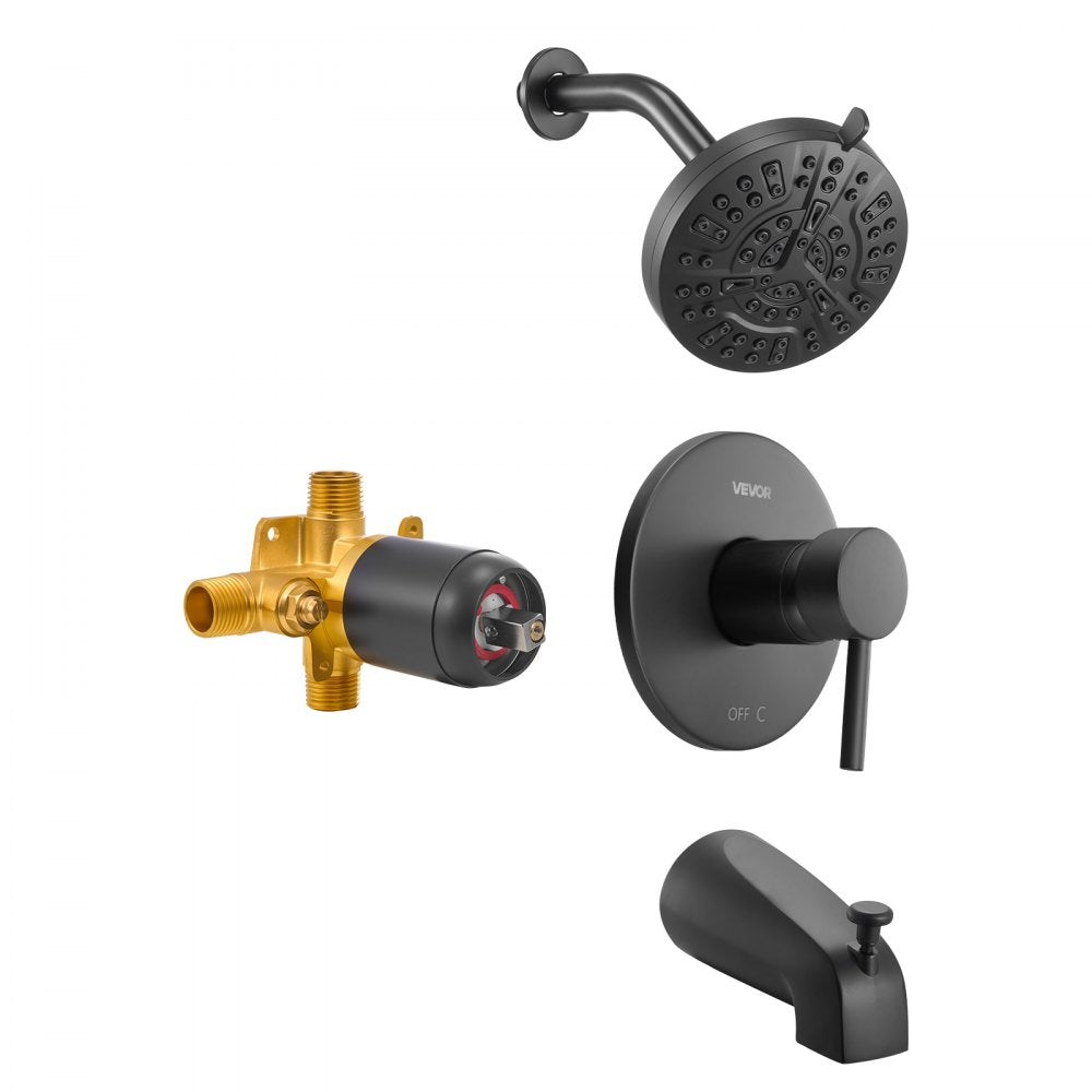 VEVOR Tub and Shower Faucet Set, Complete with 5-Inch Rainfall Shower Head and Bathtub Spout, 8-Setting Adjustable Spray, Single-Handle Tub Trim Kit with Brass Pressure Balancing Valve, Matte Black