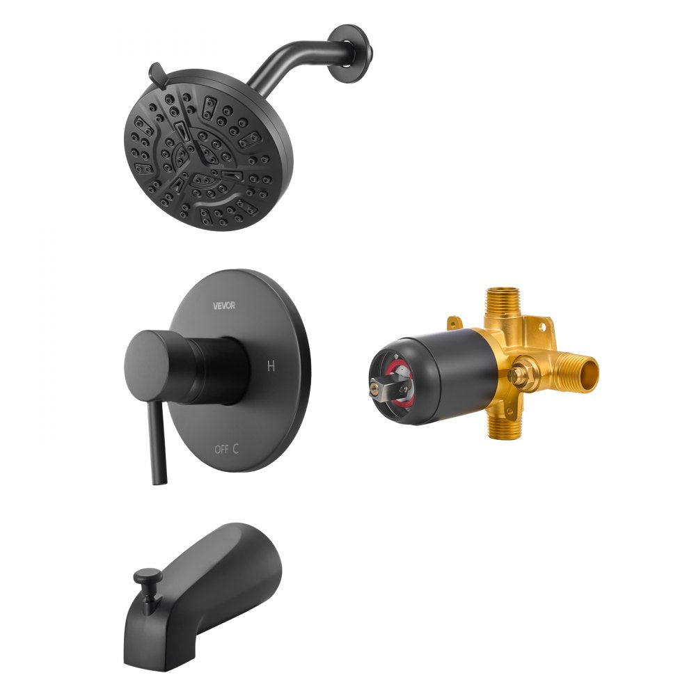 VEVOR Tub and Shower Faucet Set, Complete with 5-Inch Rainfall Shower Head and Bathtub Spout, 8-Setting Adjustable Spray, Single-Handle Tub Trim Kit with Brass Pressure Balancing Valve, Matte Black