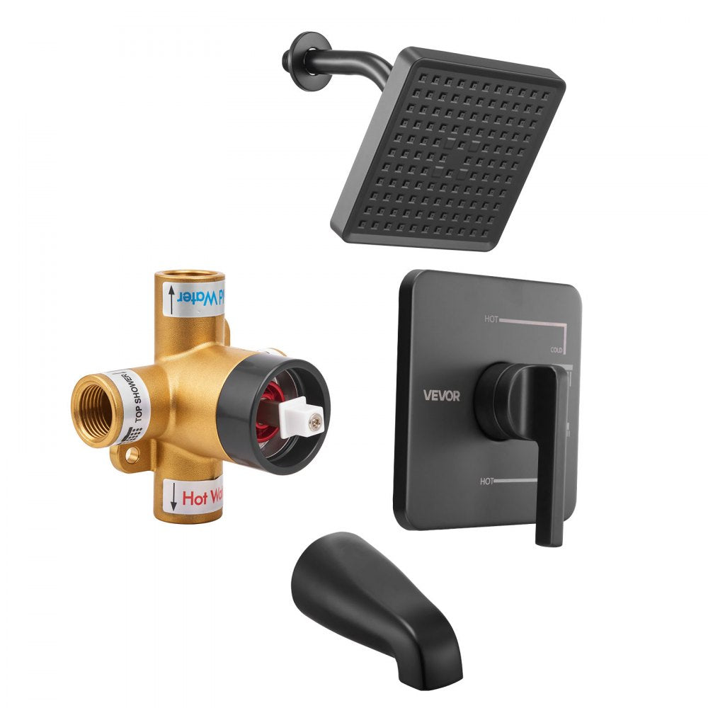 VEVOR Tub and Shower Faucet Set, Complete with 6-Inch Rainfall Shower Head and Bathtub Spout, Single-Spray Single-Handle Tub Trim Kit with 304 Stainless Steel Valve Trim for Bathrooms, Matte Black