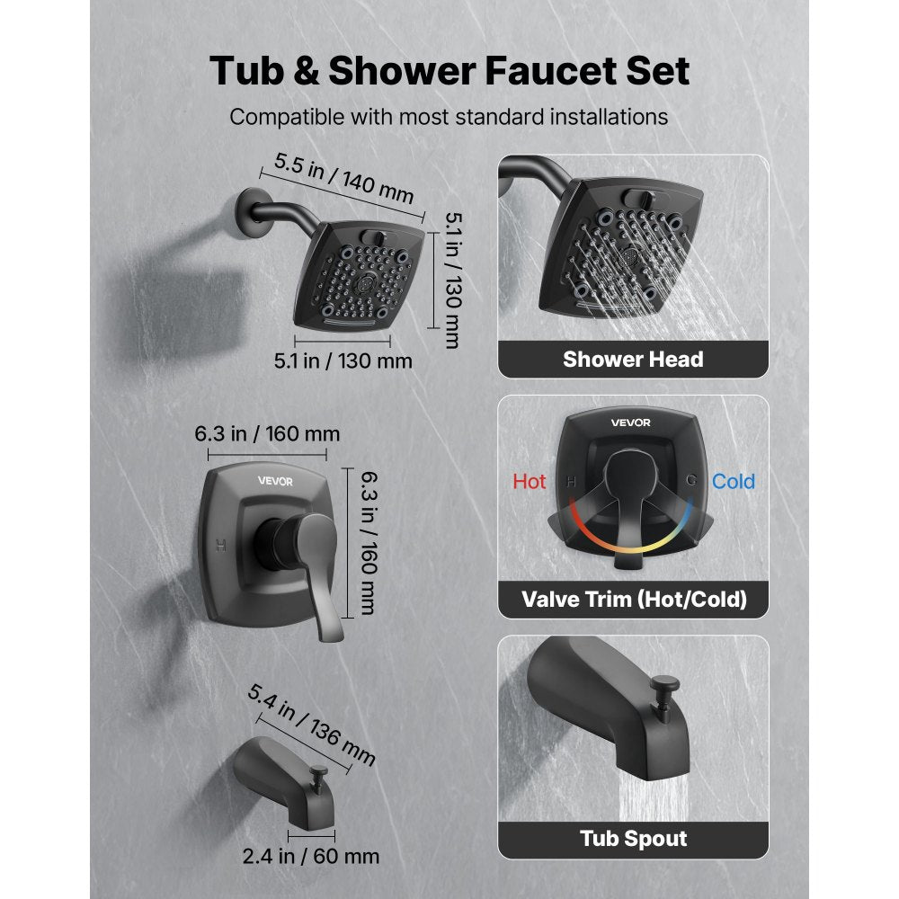 VEVOR Tub and Shower Faucet Set, Complete with 5.1-Inch Rainfall Shower Head and Bathtub Spout, 5-Setting Adjustable Spray, Single-Handle Tub Trim Kit with Brass Pressure Balancing Valve, Matte Black