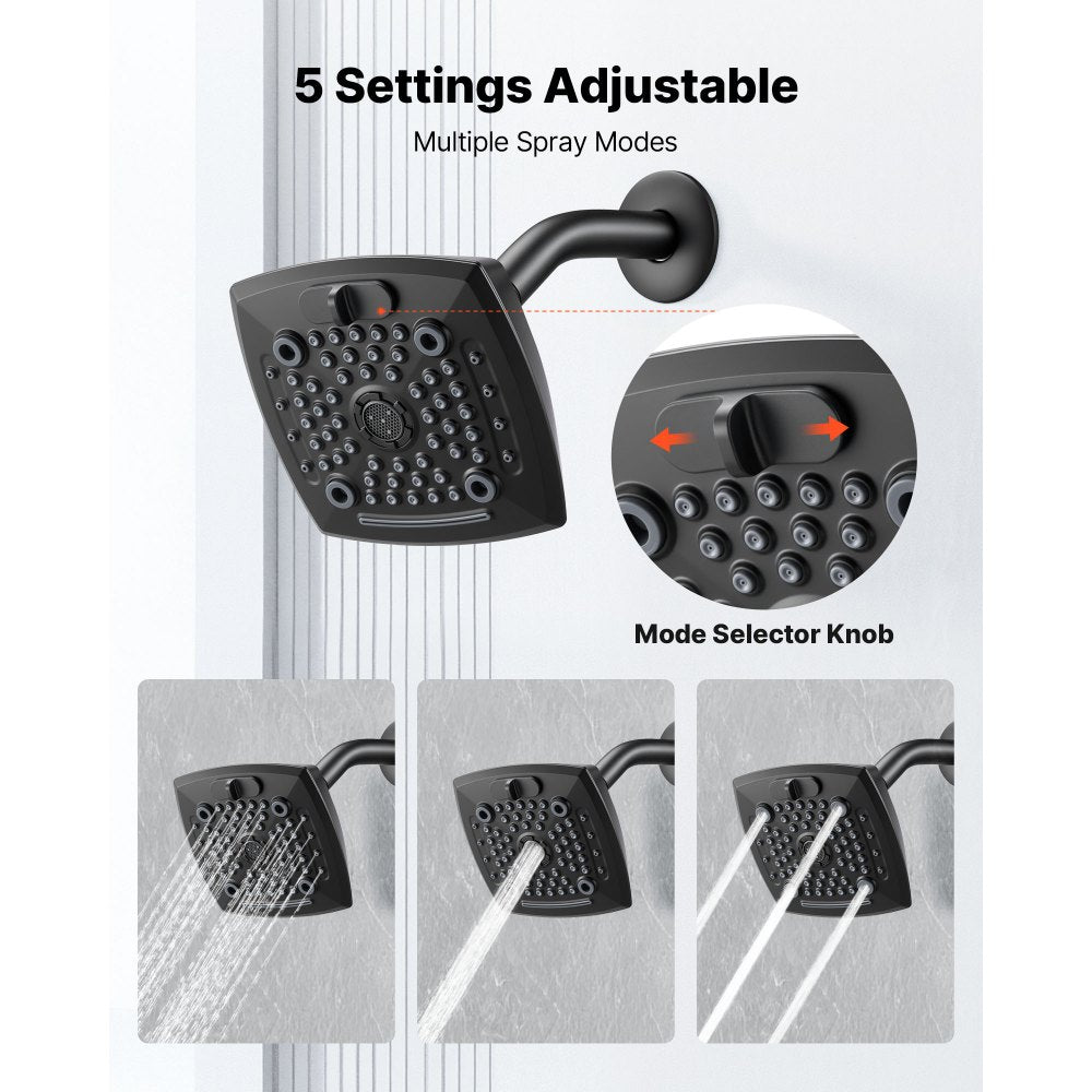 VEVOR Tub and Shower Faucet Set, Complete with 5.1-Inch Rainfall Shower Head and Bathtub Spout, 5-Setting Adjustable Spray, Single-Handle Tub Trim Kit with Brass Pressure Balancing Valve, Matte Black