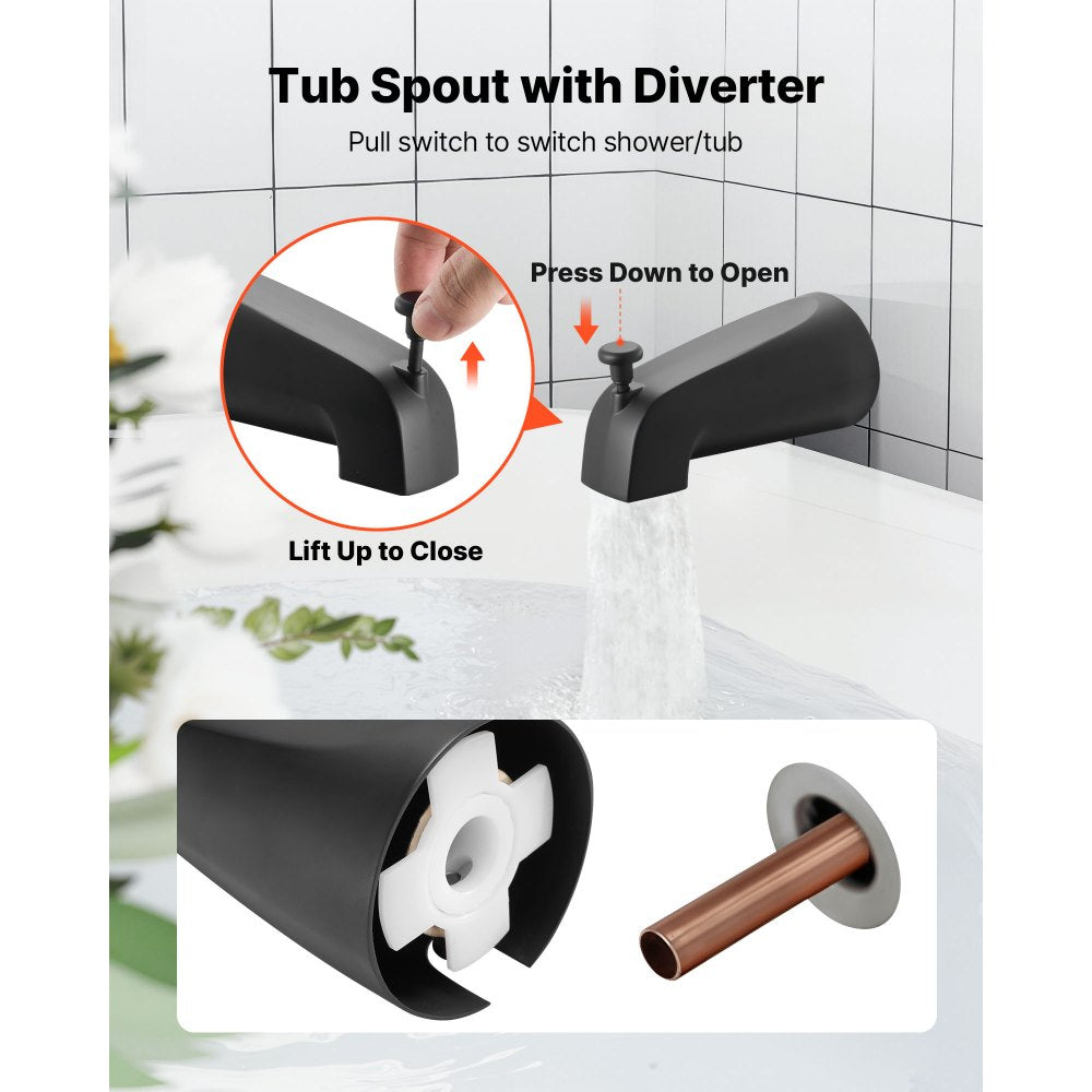VEVOR Tub and Shower Faucet Set, Complete with 5.1-Inch Rainfall Shower Head and Bathtub Spout, 5-Setting Adjustable Spray, Single-Handle Tub Trim Kit with Brass Pressure Balancing Valve, Matte Black