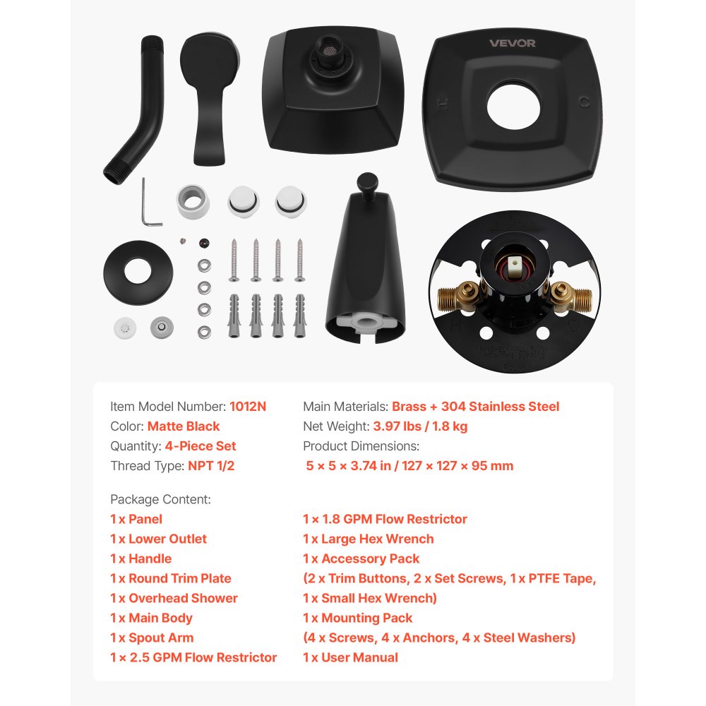 VEVOR Tub and Shower Faucet Set, Complete with 5.1-Inch Rainfall Shower Head and Bathtub Spout, 5-Setting Adjustable Spray, Single-Handle Tub Trim Kit with Brass Pressure Balancing Valve, Matte Black