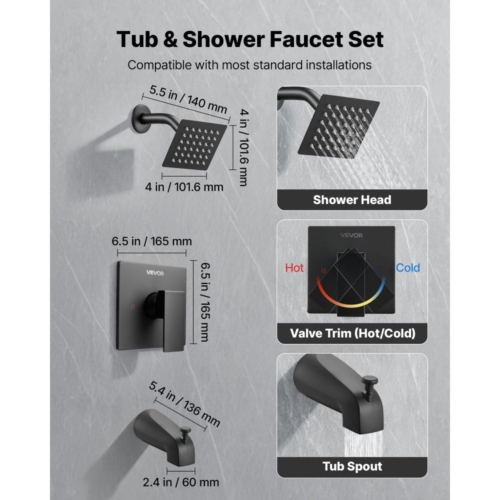 VEVOR Tub and Shower Faucet Set, Complete with 4-Inch Rainfall Shower Head and Bathtub Spout, Single-Spray Single-Handle Tub Trim Kit with 304 Stainless Steel Valve Trim for Bathrooms, Matte Black