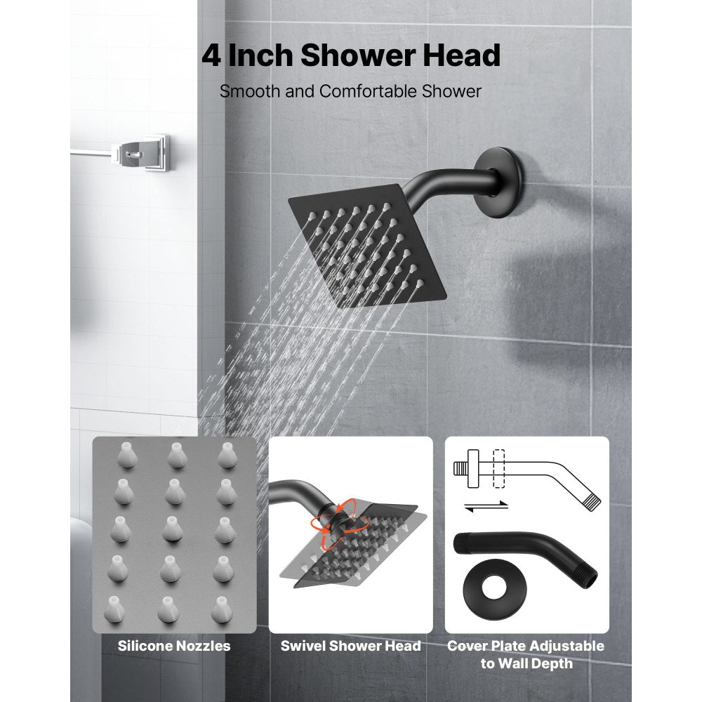 VEVOR Tub and Shower Faucet Set, Complete with 4-Inch Rainfall Shower Head and Bathtub Spout, Single-Spray Single-Handle Tub Trim Kit with 304 Stainless Steel Valve Trim for Bathrooms, Matte Black