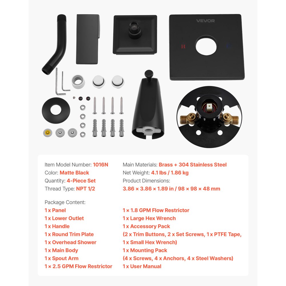 VEVOR Tub and Shower Faucet Set, Complete with 4-Inch Rainfall Shower Head and Bathtub Spout, Single-Spray Single-Handle Tub Trim Kit with 304 Stainless Steel Valve Trim for Bathrooms, Matte Black