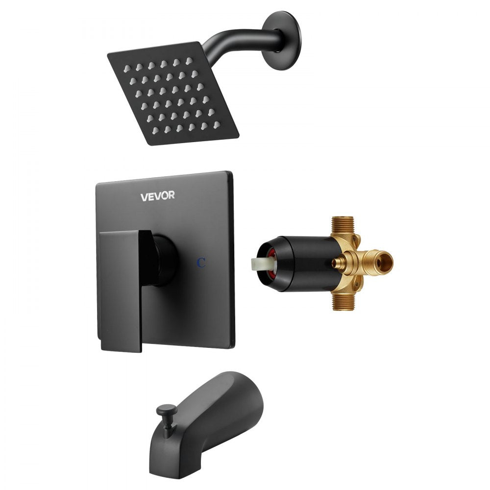 VEVOR Tub and Shower Faucet Set, Complete with 4-Inch Rainfall Shower Head and Bathtub Spout, Single-Spray Single-Handle Tub Trim Kit with 304 Stainless Steel Valve Trim for Bathrooms, Matte Black