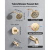 VEVOR Tub and Shower Faucet Set, Complete with 5-Inch Rainfall Shower Head and Bathtub Spout, 8-Setting Adjustable Spray, Single-Handle Tub Trim Kit with Brass Pressure Balancing Valve, Gold Finish