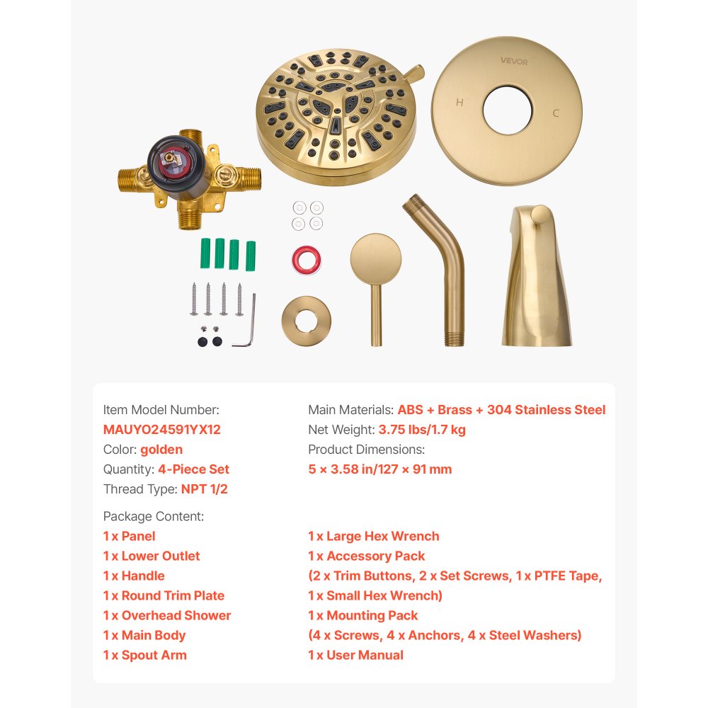 VEVOR Tub and Shower Faucet Set, Complete with 5-Inch Rainfall Shower Head and Bathtub Spout, 8-Setting Adjustable Spray, Single-Handle Tub Trim Kit with Brass Pressure Balancing Valve, Gold Finish