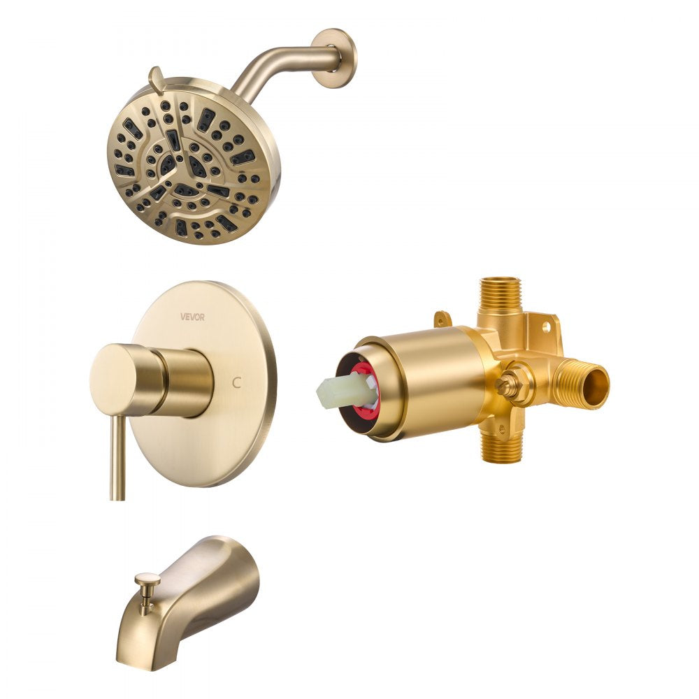 VEVOR Tub and Shower Faucet Set, Complete with 5-Inch Rainfall Shower Head and Bathtub Spout, 8-Setting Adjustable Spray, Single-Handle Tub Trim Kit with Brass Pressure Balancing Valve, Gold Finish