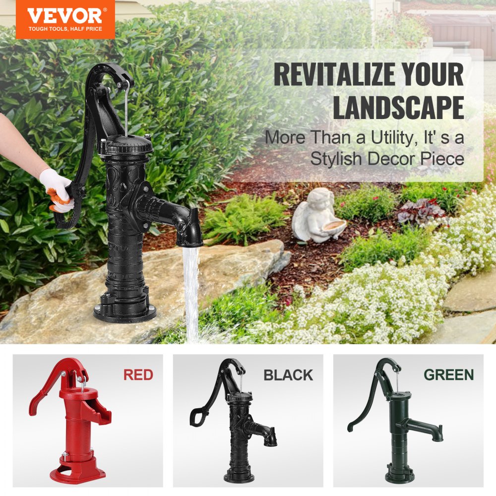 VEVOR Antique Well Hand Pitcher Pump, 22ft Maximum Lift, Cast Iron Manual Hand Water Pump with Ergonomic Handle NPT1-1/4" Easy Installation, Old Fashioned for Outdoor Home Yard Garden Pond Farm, Black