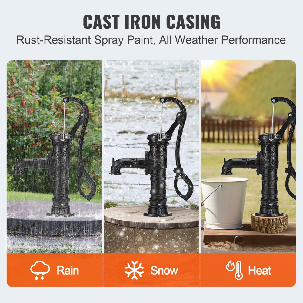 VEVOR Antique Well Hand Pitcher Pump, 22ft Maximum Lift, Cast Iron Manual Hand Water Pump with Ergonomic Handle NPT1-1/4" Easy Installation, Old Fashioned for Outdoor Home Yard Garden Pond Farm, Black