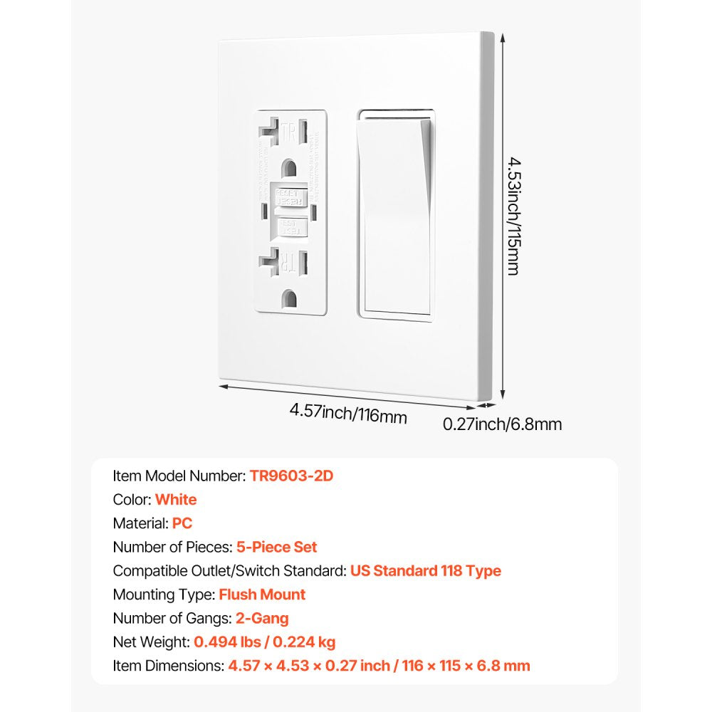 VEVOR Rocker Light Switch Wall Plates, 2-Gang Decorative Outlet Covers,Standard Size 4.57in L x 4.53in H Unbreakable Polycarbonate Thermoplastic Faceplate for Receptacle Outlet&Switch(5 Pack, White)