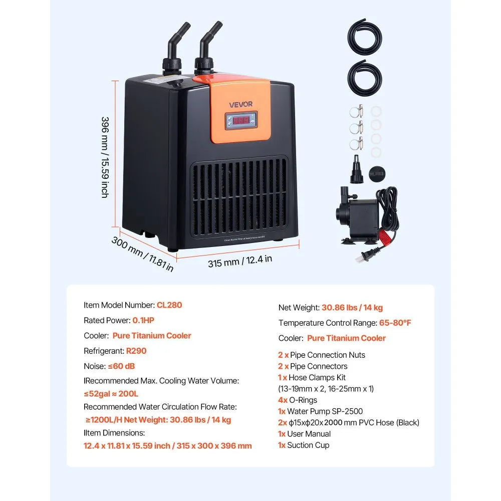VEVOR CL280 aquarium chiller dimensions and included accessories overview