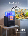 VEVOR aquarium chiller with adjustable 65–80°F temperature control shown next to fish tank
