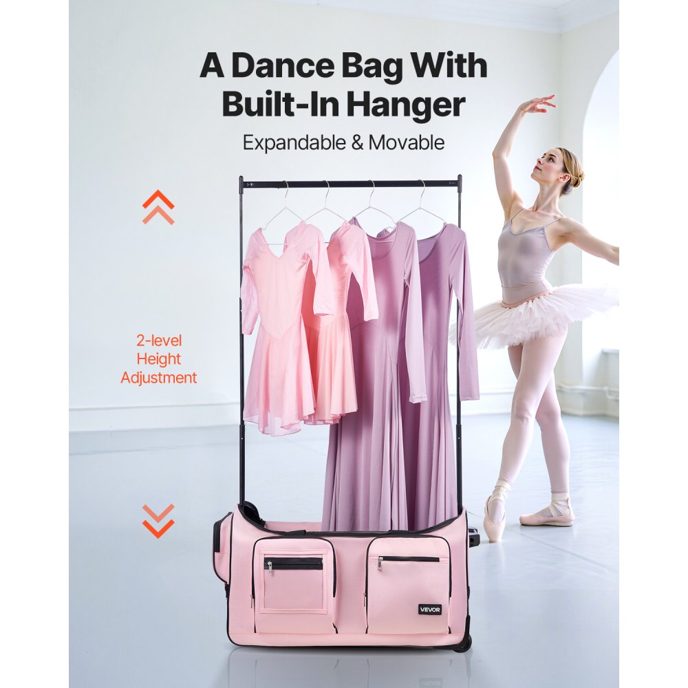 VEVOR Dance Bag with Garment Rack, 29 Inch Rolling Dance Duffel, with Wheels, Height Adjustable Clothes Rack, USB Port, Privacy Protection Curtain, Ideal for Travel and Competitions, Matte Pink