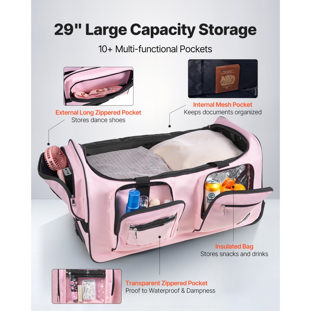 VEVOR Dance Bag with Garment Rack, 29 Inch Rolling Dance Duffel, with Wheels, Height Adjustable Clothes Rack, USB Port, Privacy Protection Curtain, Ideal for Travel and Competitions, Matte Pink