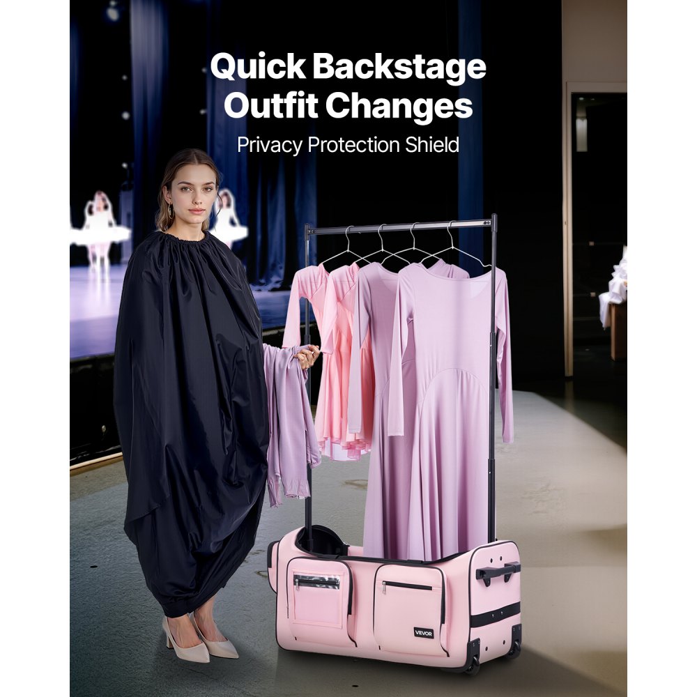 VEVOR Dance Bag with Garment Rack, 29 Inch Rolling Dance Duffel, with Wheels, Height Adjustable Clothes Rack, USB Port, Privacy Protection Curtain, Ideal for Travel and Competitions, Matte Pink