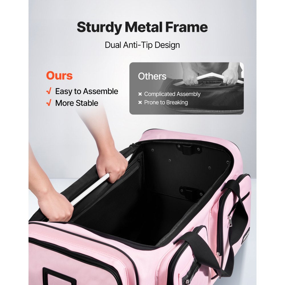 VEVOR Dance Bag with Garment Rack, 29 Inch Rolling Dance Duffel, with Wheels, Height Adjustable Clothes Rack, USB Port, Privacy Protection Curtain, Ideal for Travel and Competitions, Matte Pink