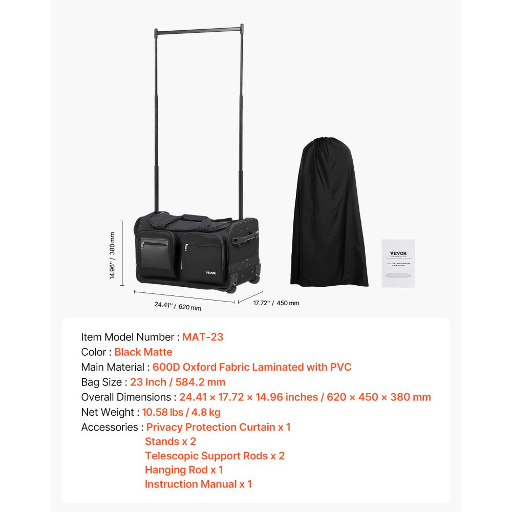 VEVOR Dance Bag with Garment Rack, 23 Inch Rolling Dance Duffel, with Wheels, USB Port, Height Adjustable Clothes Rack, Privacy Protection Curtain, Ideal for Travel and Competitions, Matte Black