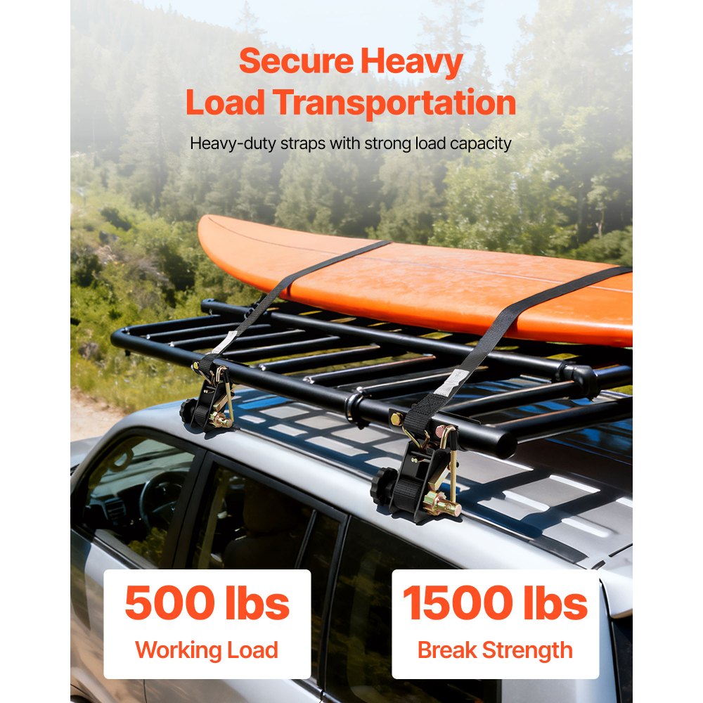 VEVOR Ladder Rack Ratchet Straps, 1.87-2 in Black Round Tube Mount, 1.5 in Wide x 7.4 ft Long Black Ladder Rack Straps with Double J-Hooks, 500 lbs Load Heavy Duty, Cargo Buckle Lock Strap (2 Pack)