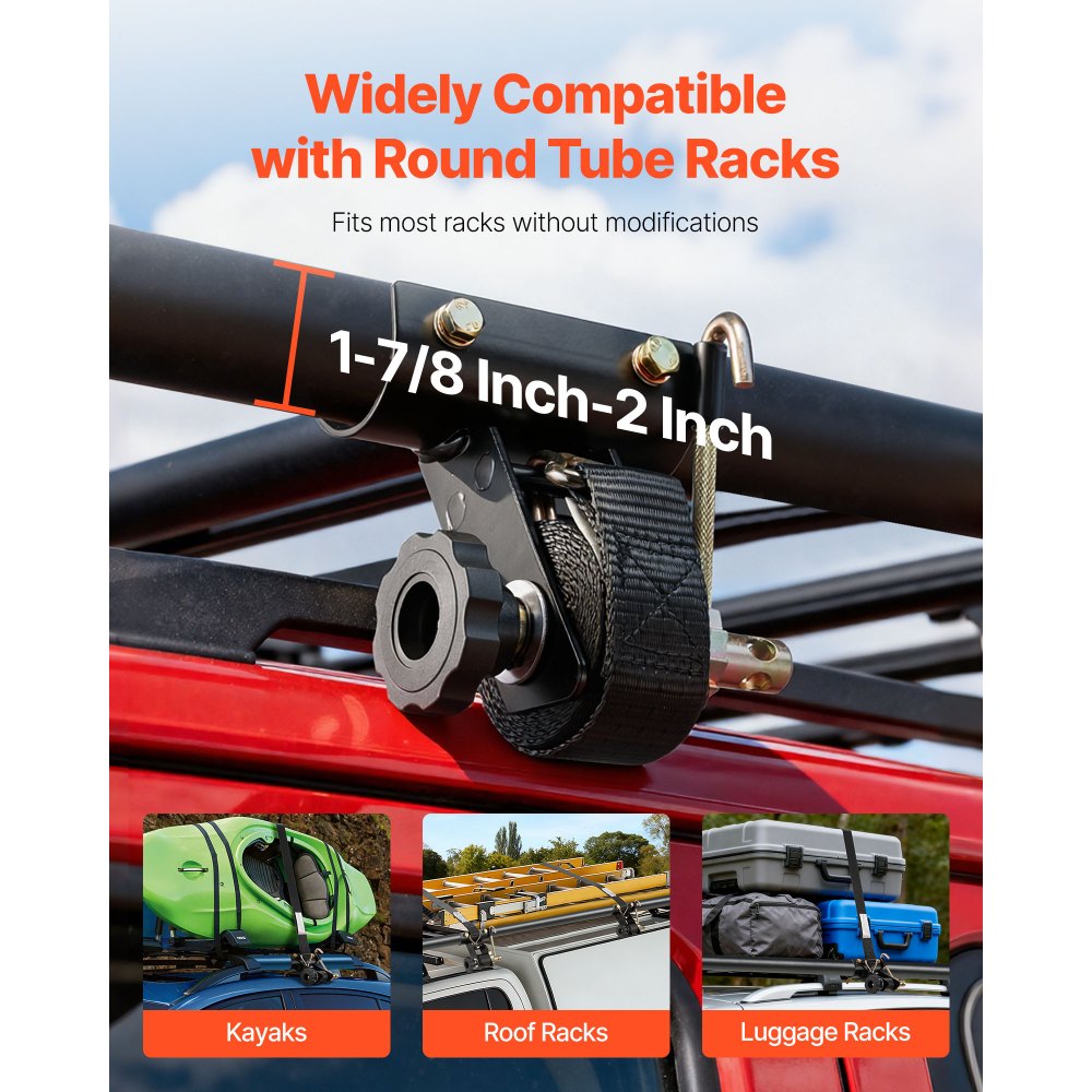 VEVOR Ladder Rack Ratchet Straps, 1.87-2 in Black Round Tube Mount, 1.5 in Wide x 7.4 ft Long Black Ladder Rack Straps with Double J-Hooks, 500 lbs Load Heavy Duty, Cargo Buckle Lock Strap (4 Pack)