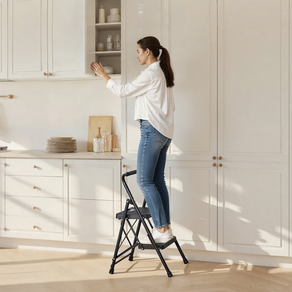 VEVOR 2 Step Ladder, Folding Step Stool with Wide Anti-Slip Pedal and Comfort Handgrip, Lightweight 600 lbs Capacity Portable Steel Ladder, Multi-Use for Kitchen, Home, Household and Office, Black