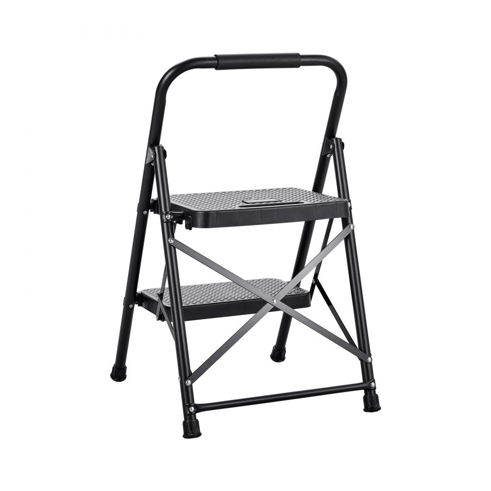 VEVOR 2 Step Ladder, Folding Step Stool with Wide Anti-Slip Pedal and Comfort Handgrip, Lightweight 600 lbs Capacity Portable Steel Ladder, Multi-Use for Kitchen, Home, Household and Office, Black