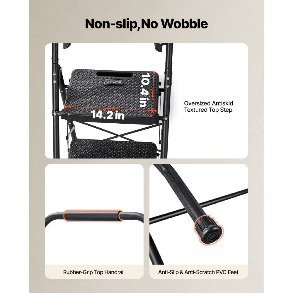 VEVOR 4 Step Ladder, Folding Step Stool with Wide Anti-Slip Pedal, Tool Tray, Comfort Handgrip, 600 lbs Capacity Portable Steel Ladder, Multi-Use for Kitchen, Home, Household and Office, Black