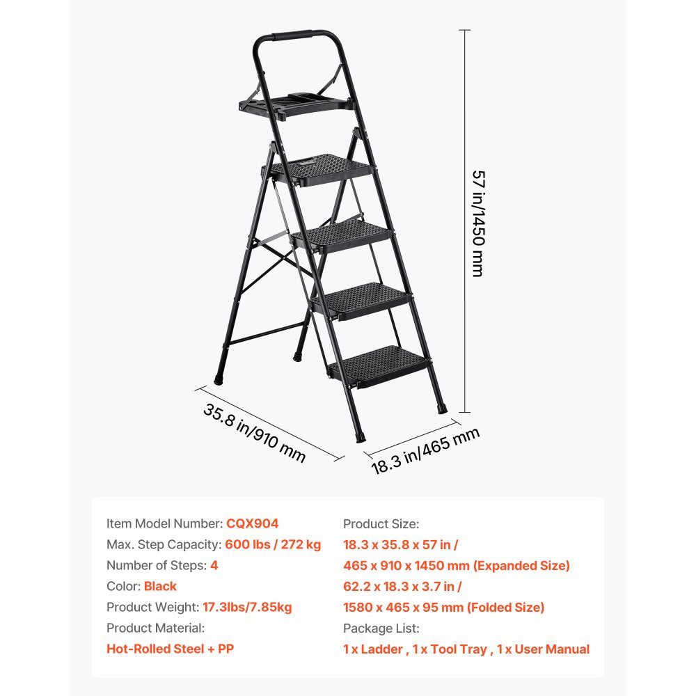 VEVOR 4 Step Ladder, Folding Step Stool with Wide Anti-Slip Pedal, Tool Tray, Comfort Handgrip, 600 lbs Capacity Portable Steel Ladder, Multi-Use for Kitchen, Home, Household and Office, Black