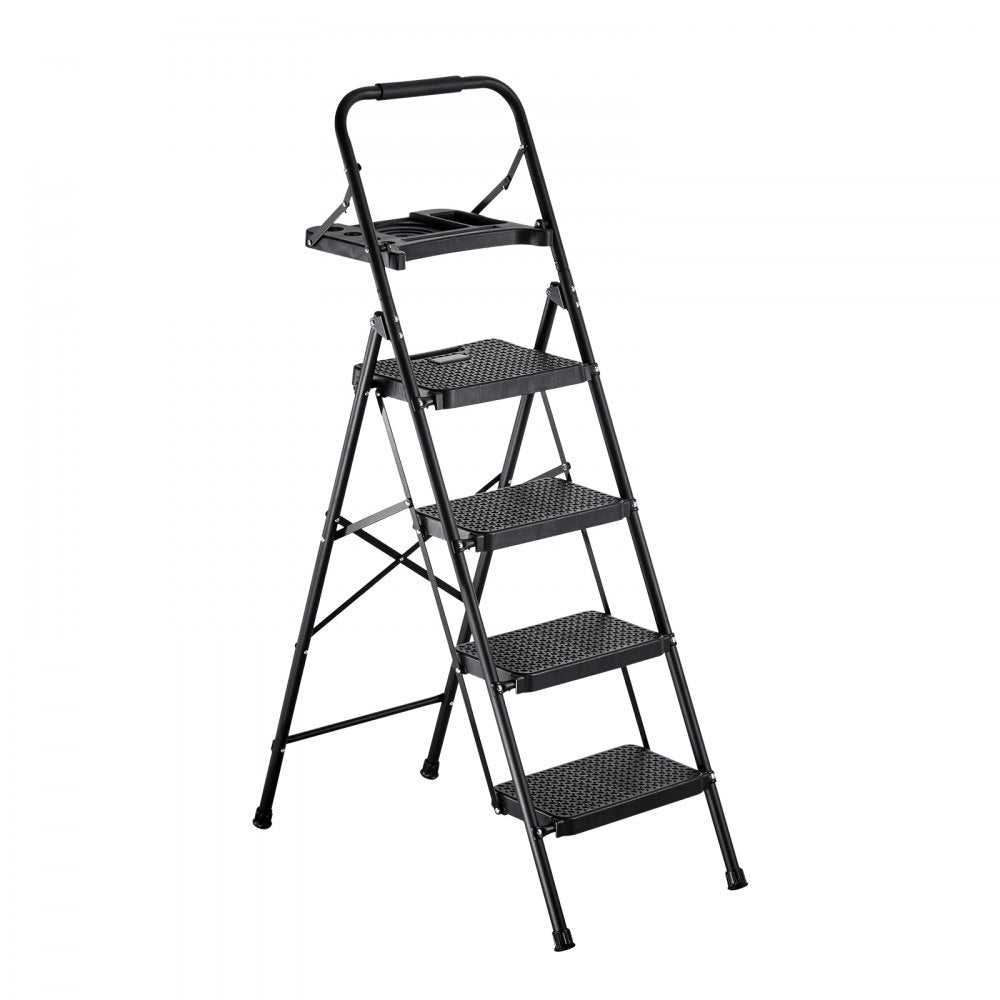 VEVOR 4 Step Ladder, Folding Step Stool with Wide Anti-Slip Pedal, Tool Tray, Comfort Handgrip, 600 lbs Capacity Portable Steel Ladder, Multi-Use for Kitchen, Home, Household and Office, Black