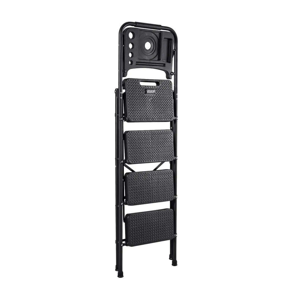 VEVOR 4 Step Ladder, Folding Step Stool with Wide Anti-Slip Pedal, Tool Tray, Comfort Handgrip, 600 lbs Capacity Portable Steel Ladder, Multi-Use for Kitchen, Home, Household and Office, Black