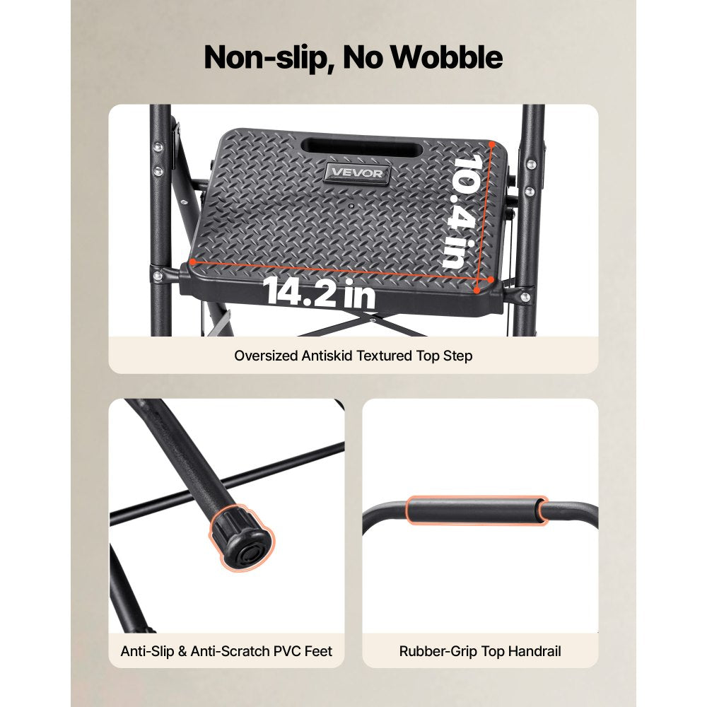 VEVOR 3 Step Ladder, Folding Step Stool with Wide Anti-Slip Pedal and Comfort Handgrip, Lightweight 600 lbs Capacity Portable Steel Ladder, Multi-Use for Kitchen, Home, Household and Office, Black