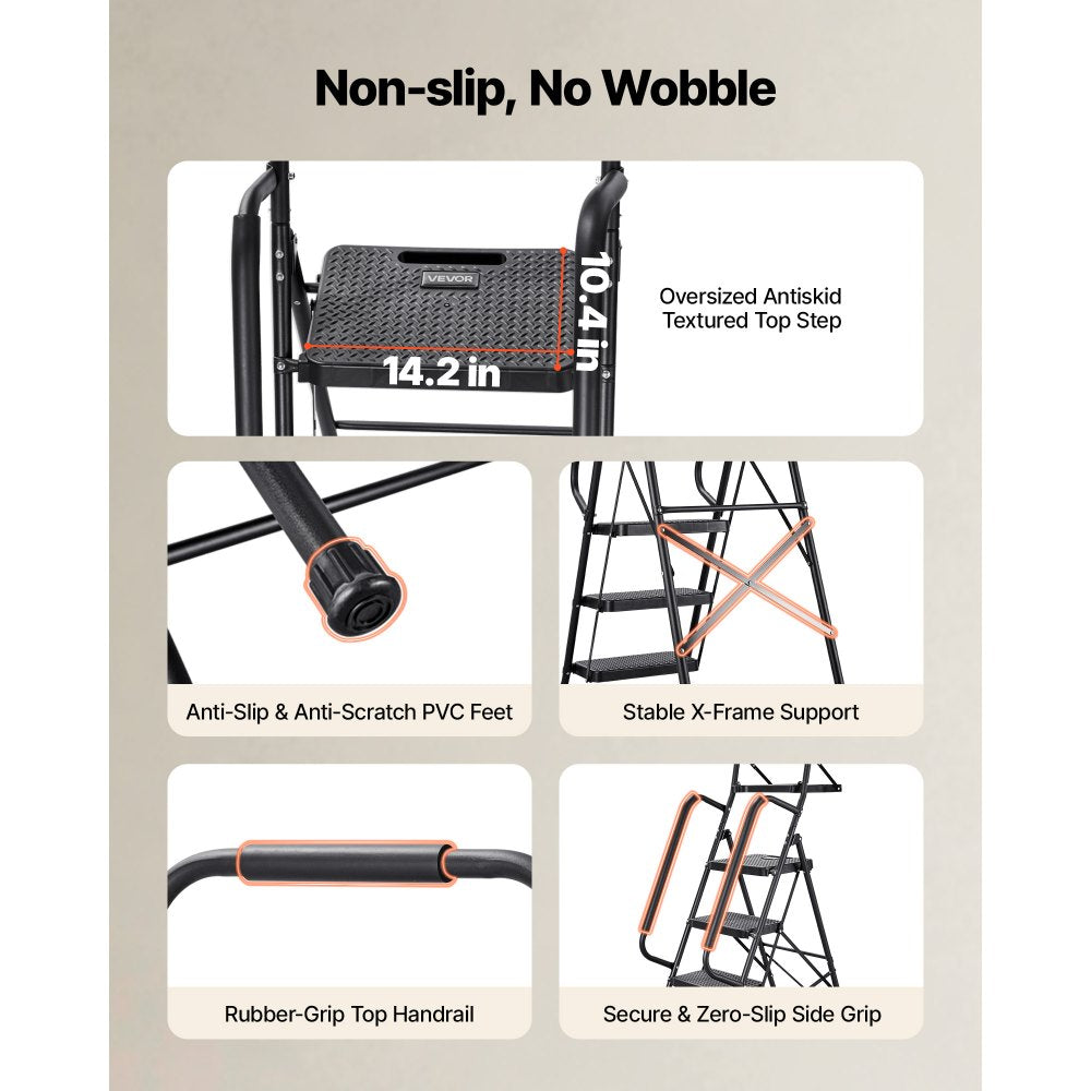 VEVOR 5 Step Ladder, Folding Step Stool with Wide Anti-Slip Pedal, Tool Tray, Dual Side Handrails, 600 lbs Capacity Portable Steel Ladder, Multi-Use for Kitchen, Home, Household and Office, Black