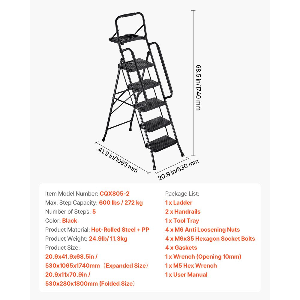 VEVOR 5 Step Ladder, Folding Step Stool with Wide Anti-Slip Pedal, Tool Tray, Dual Side Handrails, 600 lbs Capacity Portable Steel Ladder, Multi-Use for Kitchen, Home, Household and Office, Black