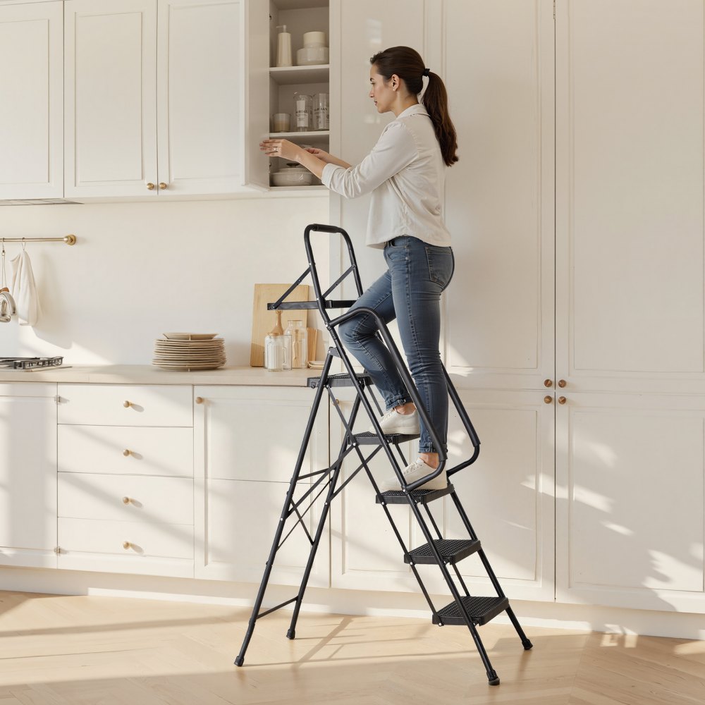 VEVOR 5 Step Ladder, Folding Step Stool with Wide Anti-Slip Pedal, Tool Tray, Dual Side Handrails, 600 lbs Capacity Portable Steel Ladder, Multi-Use for Kitchen, Home, Household and Office, Black