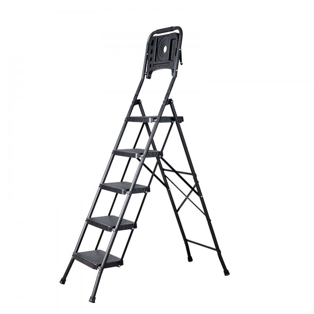 VEVOR 5 Step Ladder, Folding Step Stool with Wide Anti-Slip Pedal, Tool Tray, Dual Side Handrails, 600 lbs Capacity Portable Steel Ladder, Multi-Use for Kitchen, Home, Household and Office, Black