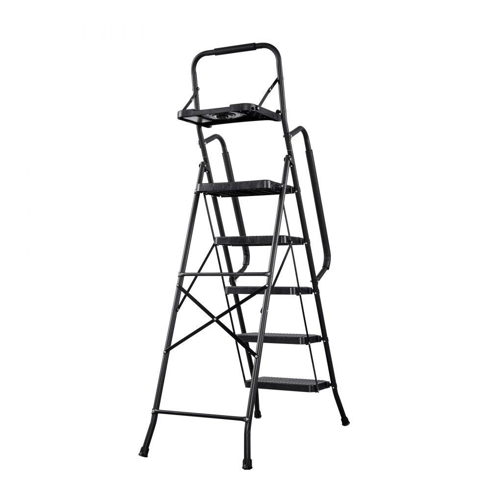 VEVOR 5 Step Ladder, Folding Step Stool with Wide Anti-Slip Pedal, Tool Tray, Dual Side Handrails, 600 lbs Capacity Portable Steel Ladder, Multi-Use for Kitchen, Home, Household and Office, Black